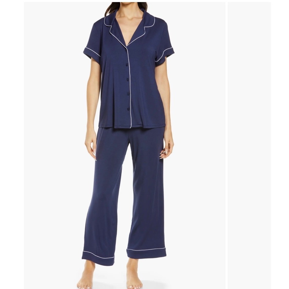 Nordstrom Moonlight Eco Pajamas Set Navy Blue White Piping Short Sleeve XL